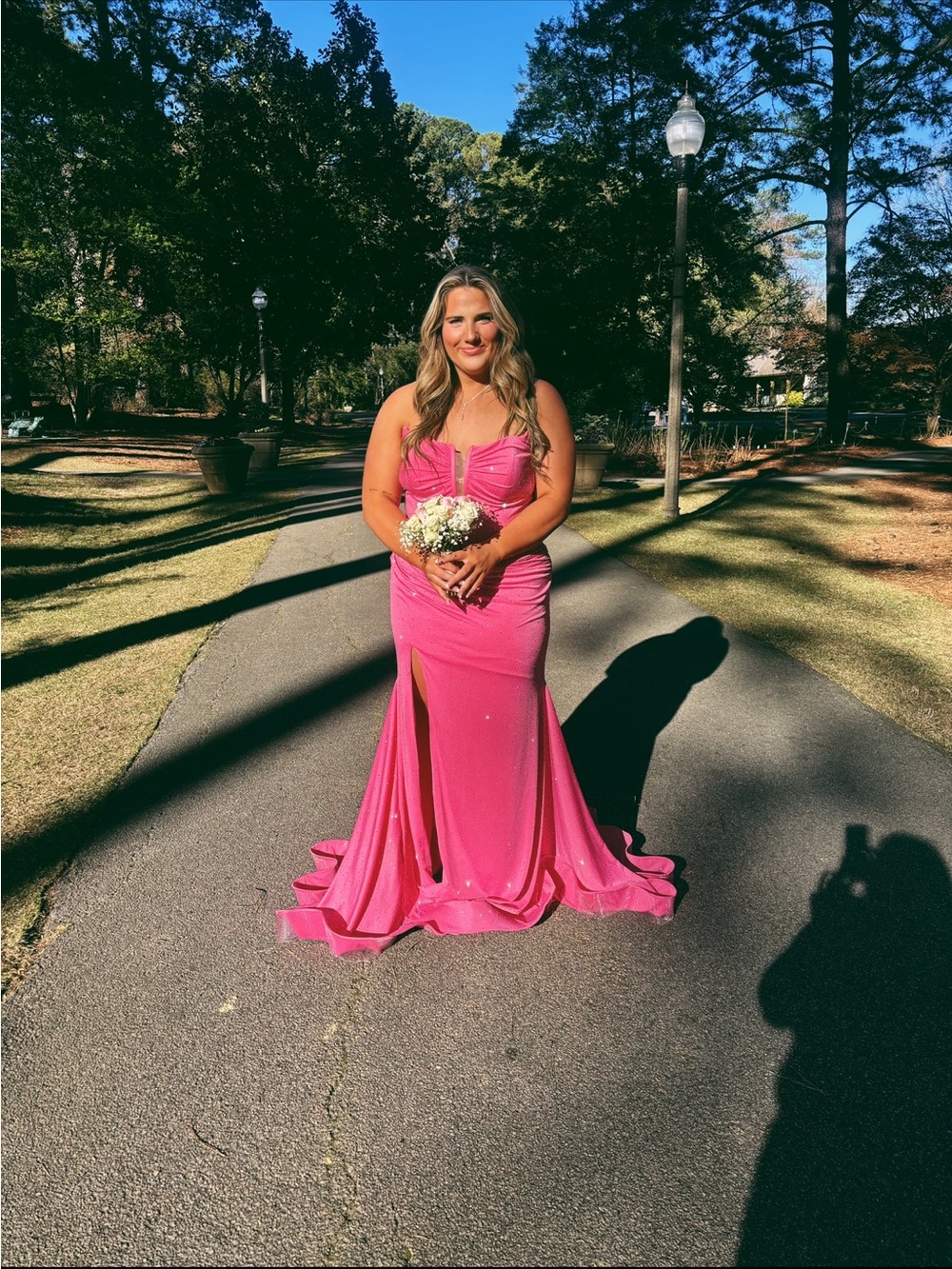 Rachel Allan Hot Pink Strapless Prom Gown with Front Slit